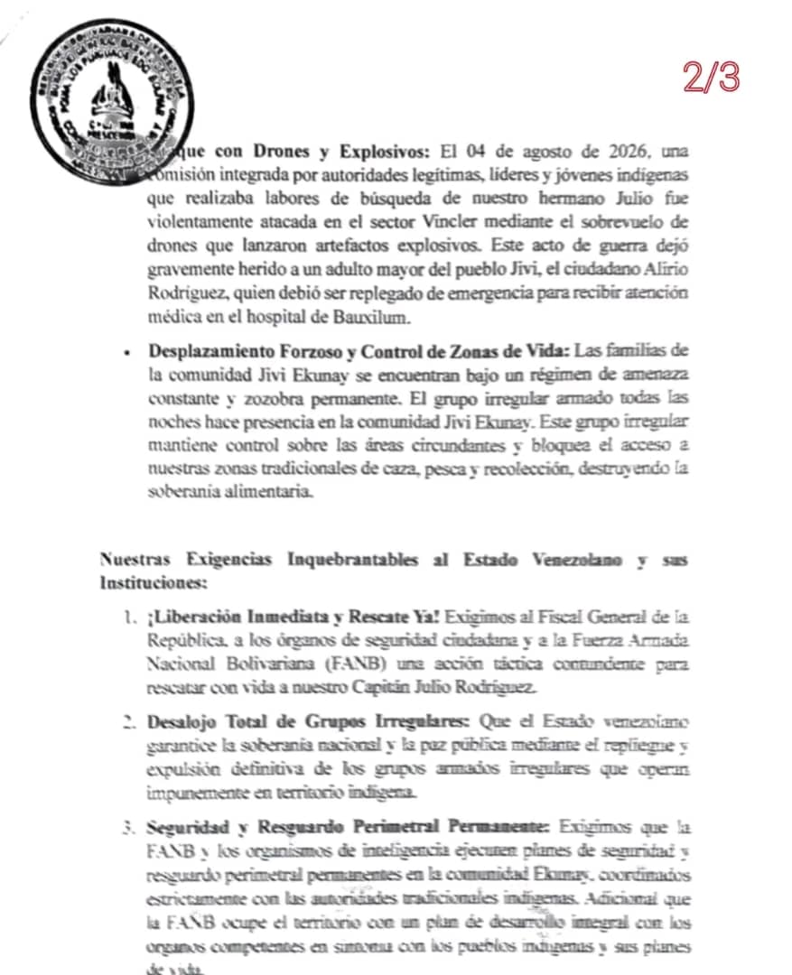 Indígenas Mapoyo denuncian secuestro de su capitán en Los Pijiguaos
